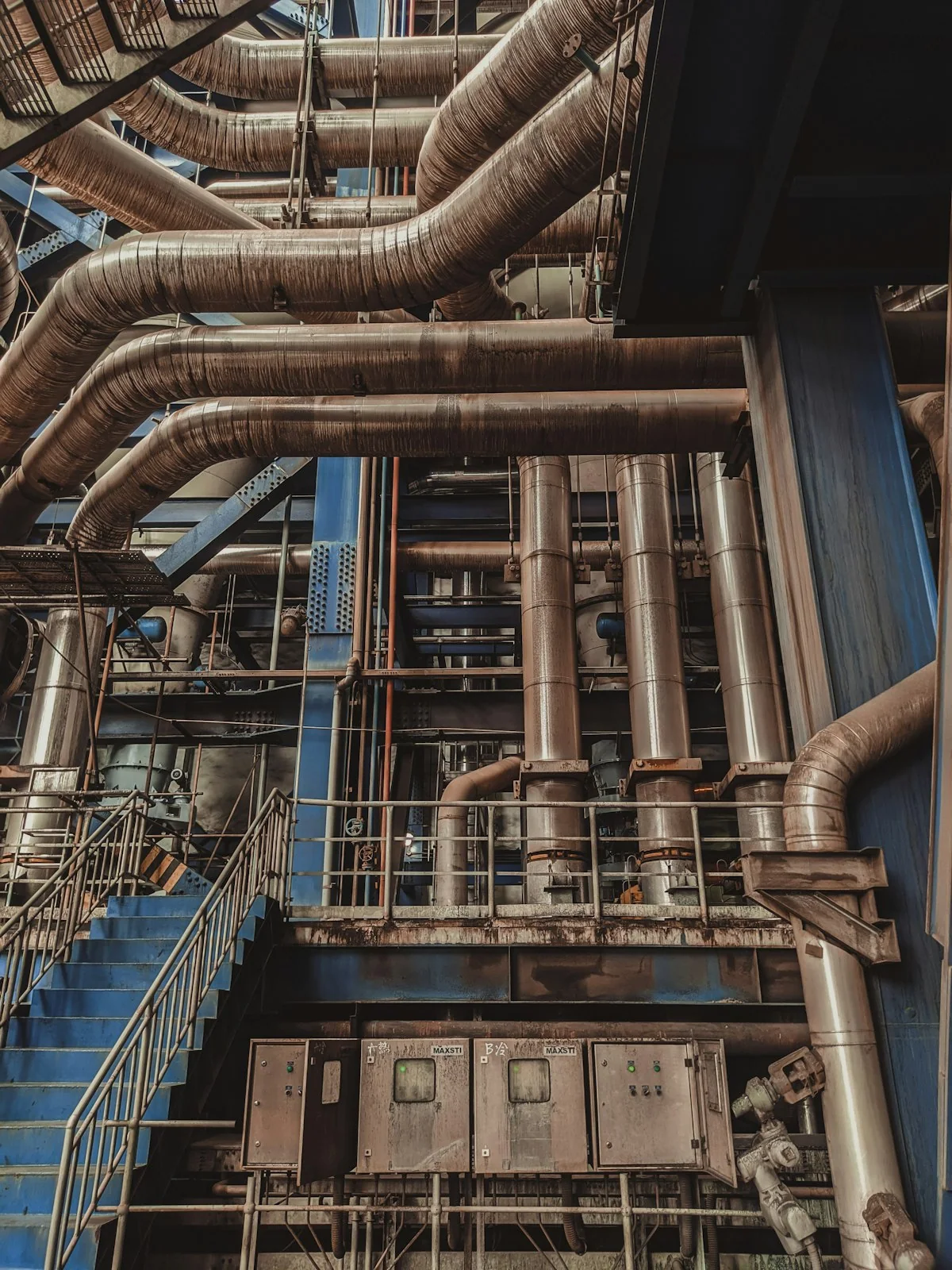 Industrial pipework and access platforms in a manufacturing facility
