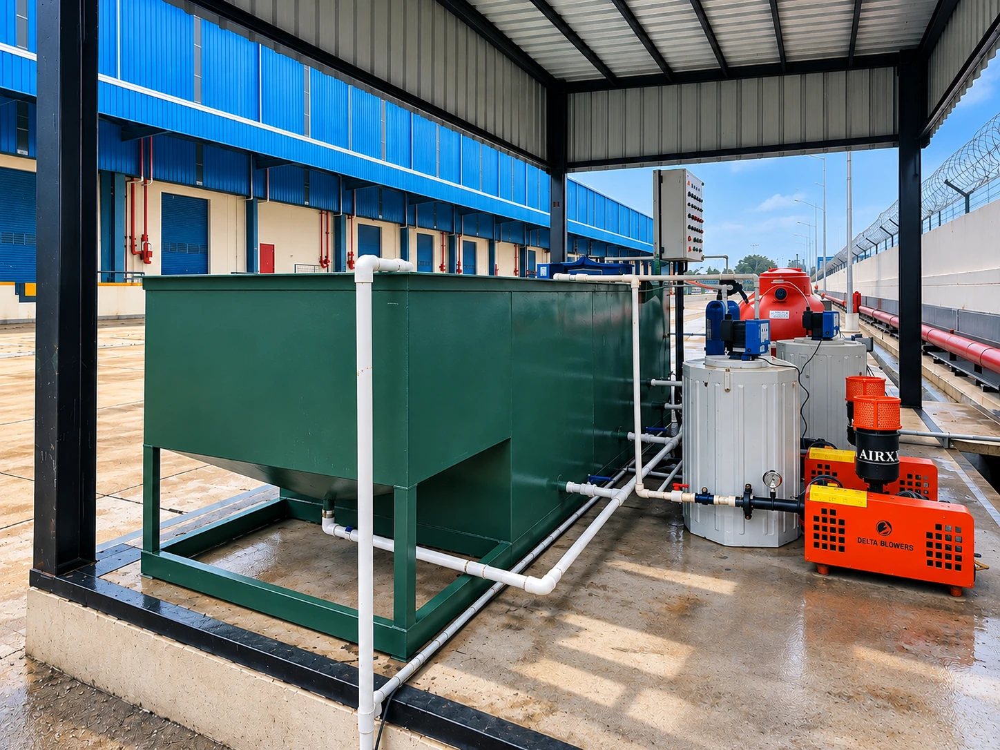 25 KLD sewage treatment plant with a green treatment tank, filtration vessels and blowers
