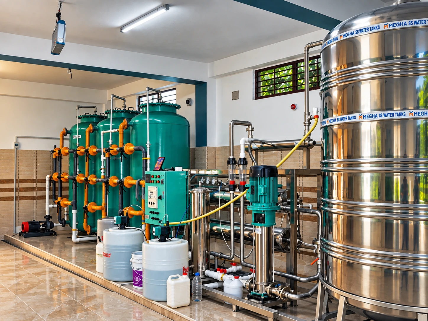 4000 LPH reverse osmosis plant with green filtration vessels, membrane equipment and a stainless steel storage tank