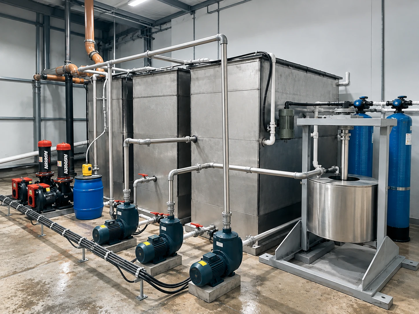 5 KLD effluent treatment plant with steel treatment tanks, pumps and blue filter vessels