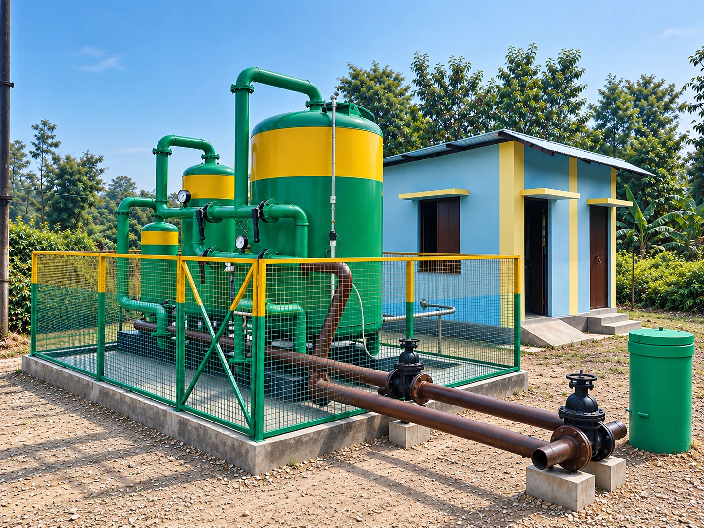 5000 GPH iron removal plant with green filter vessels and connecting pipework